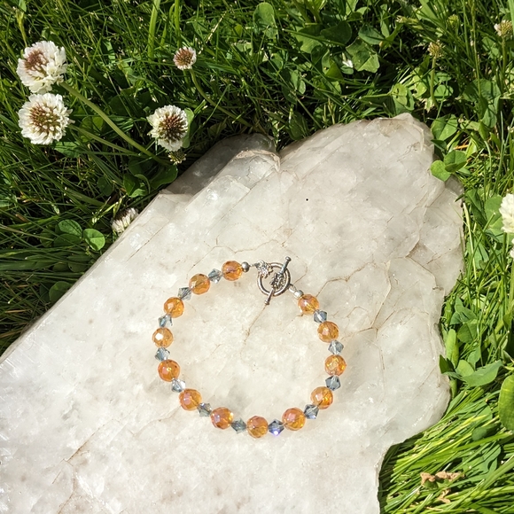 Handmade Faceted Tangerine Aura Quartz and Light Blue Bicone Bracelet - 7 1/4" - Picture 3 of 4
